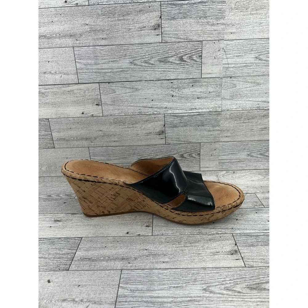 Born B94609 Black Patent Leather Cork Wedge Slide Sandals Women Sz US 10 EU 42